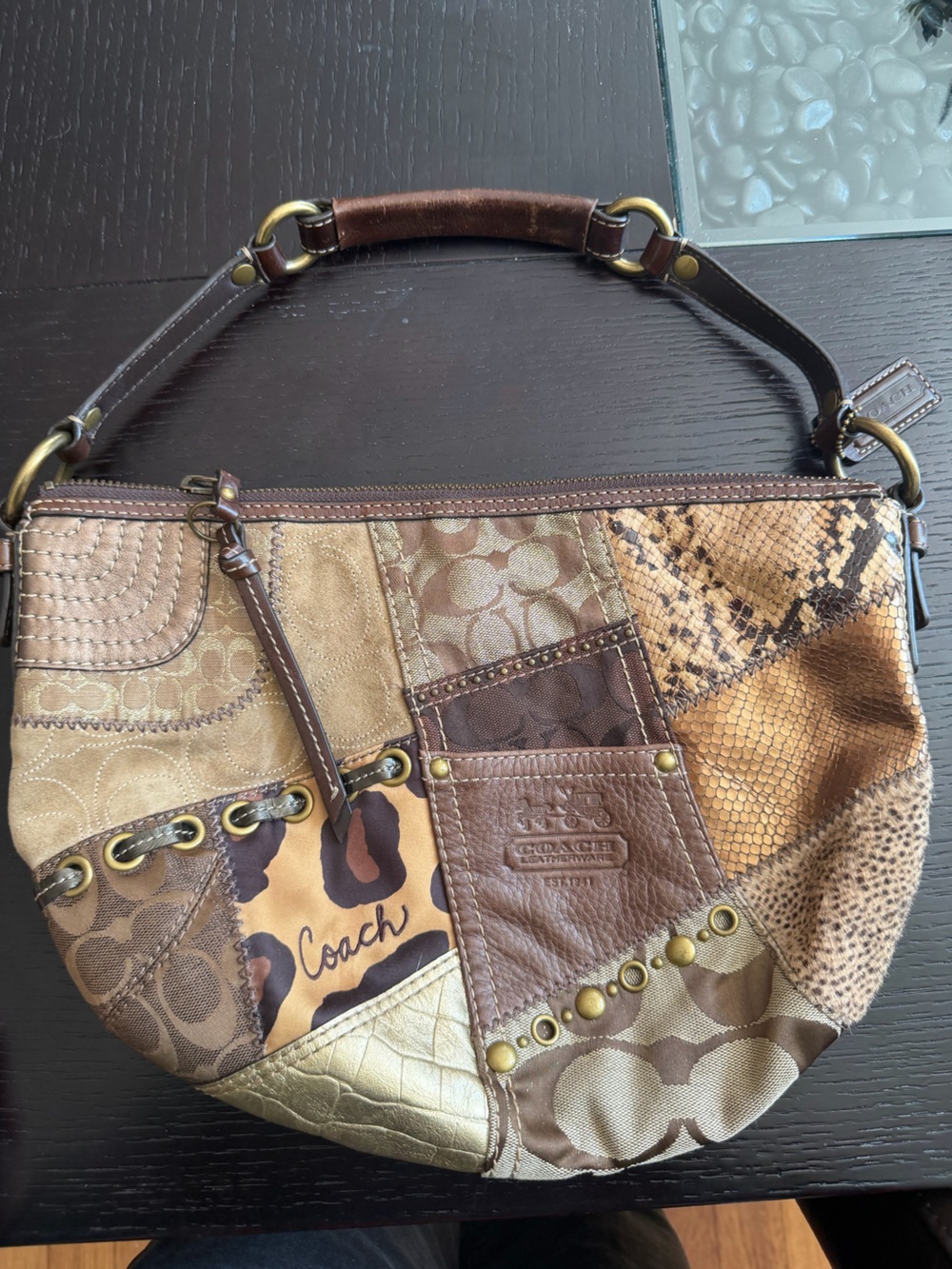 Coach Patchwork Shoulder Bag in Brown and Tan with Gold Accents